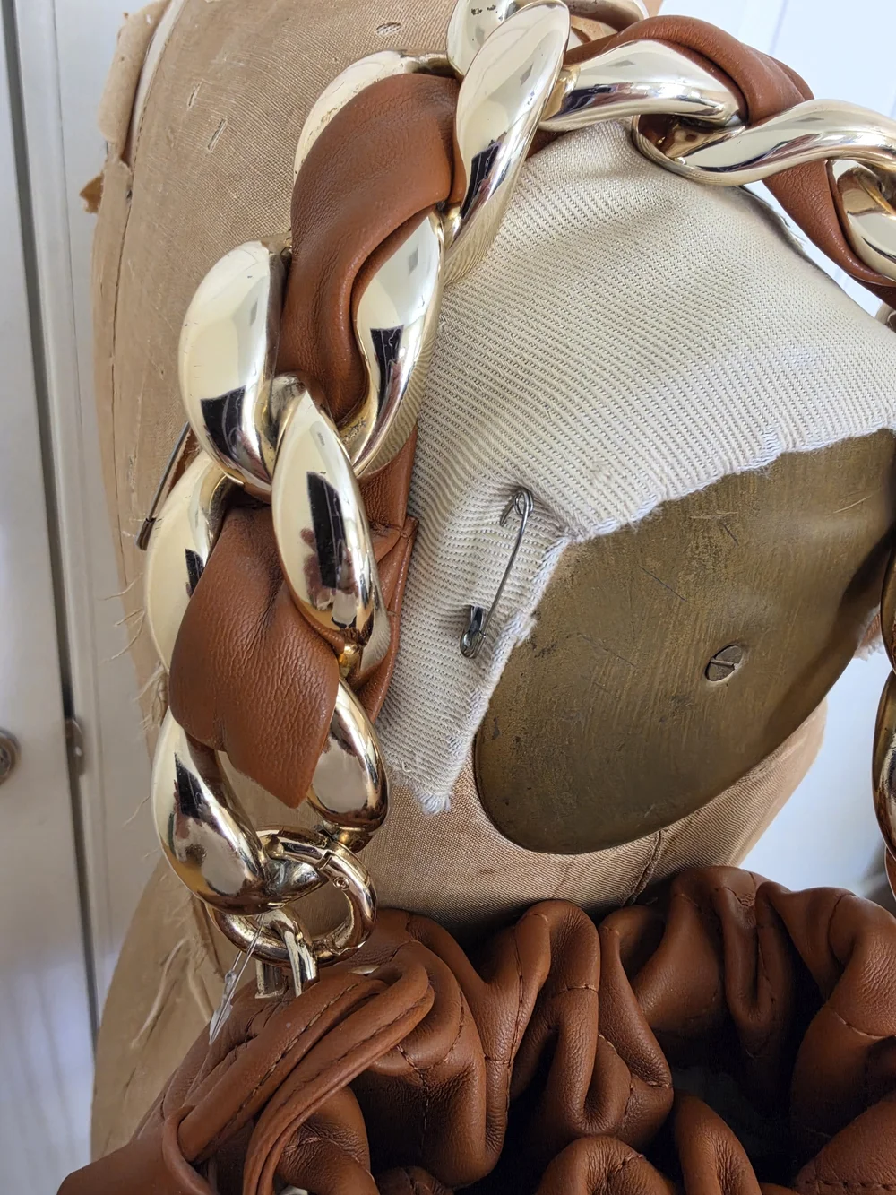 Source Unknown Quilted Drawstring Shoulder Bag - Brown with Gold Chain